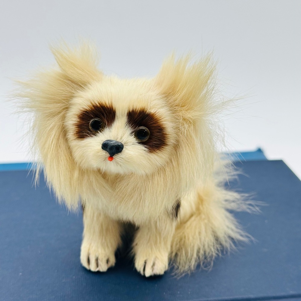 Vintage Pekingese Fur Dog Figurine Handmade Puppy 5"